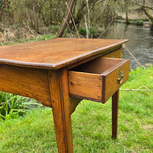 Load image into Gallery viewer, elegant-elm-side-table-wonderful-splayed-square-tapered-legs-early-19th-century-two-short-drawers-original-brass-handles-shapes-frieze-influence-shaker-design-attractive-excellent-condition-for-sale-damon-blandford-antiques-american-shape-form-cotswolds-interior-home-cottage-country-vernacular-regional