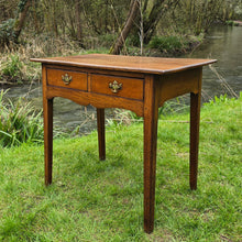 Load image into Gallery viewer, elegant-elm-side-table-wonderful-splayed-square-tapered-legs-early-19th-century-two-short-drawers-original-brass-handles-shapes-frieze-influence-shaker-design-attractive-excellent-condition-for-sale-damon-blandford-antiques-american-shape-form-cotswolds-interior-home-cottage-country-vernacular-regional