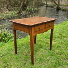 Load image into Gallery viewer, elegant-elm-side-table-wonderful-splayed-square-tapered-legs-early-19th-century-two-short-drawers-original-brass-handles-shapes-frieze-influence-shaker-design-attractive-excellent-condition-for-sale-damon-blandford-antiques-american-shape-form-cotswolds-interior-home-cottage-country-vernacular-regional
