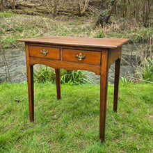 Load image into Gallery viewer, elegant-elm-side-table-wonderful-splayed-square-tapered-legs-early-19th-century-two-short-drawers-original-brass-handles-shapes-frieze-influence-shaker-design-attractive-excellent-condition-for-sale-damon-blandford-antiques-american-shape-form-cotswolds-interior-home-cottage-country-vernacular-regional