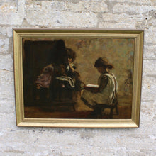 Load image into Gallery viewer, oil-on-canvas-welsh-female-artist-mia-arnesby-brown-nee-edwards-painting-girl-reading-stool-settle-technically-wonderful-use-of-light-exceptionally-excellent-dimly-lit-rustic-interior-light-source-book-pages-folds-in-dress-illuminated-contrast-shadows-atmospheric-beautiful-gentle-scene-professionally-cleaned-art-conservator-children-exhibited-royal-academy-of-arts-london-mary-reading-garden-boy-national-museum-wales-norfolk-museums-service-leamington-spa-art-gallery-for-sale-damon-blandford-antiques