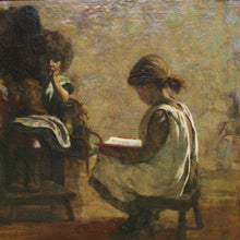 Load image into Gallery viewer, oil-on-canvas-welsh-female-artist-mia-arnesby-brown-nee-edwards-painting-girl-reading-stool-settle-technically-wonderful-use-of-light-exceptionally-excellent-dimly-lit-rustic-interior-light-source-book-pages-folds-in-dress-illuminated-contrast-shadows-atmospheric-beautiful-gentle-scene-professionally-cleaned-art-conservator-children-exhibited-royal-academy-of-arts-london-mary-reading-garden-boy-national-museum-wales-norfolk-museums-service-leamington-spa-art-gallery-for-sale-damon-blandford-antiques