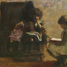 Load image into Gallery viewer, oil-on-canvas-welsh-female-artist-mia-arnesby-brown-nee-edwards-painting-girl-reading-stool-settle-technically-wonderful-use-of-light-exceptionally-excellent-dimly-lit-rustic-interior-light-source-book-pages-folds-in-dress-illuminated-contrast-shadows-atmospheric-beautiful-gentle-scene-professionally-cleaned-art-conservator-children-exhibited-royal-academy-of-arts-london-mary-reading-garden-boy-national-museum-wales-norfolk-museums-service-leamington-spa-art-gallery-for-sale-damon-blandford-antiques