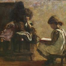 Load image into Gallery viewer, oil-on-canvas-welsh-female-artist-mia-arnesby-brown-nee-edwards-painting-girl-reading-stool-settle-technically-wonderful-use-of-light-exceptionally-excellent-dimly-lit-rustic-interior-light-source-book-pages-folds-in-dress-illuminated-contrast-shadows-atmospheric-beautiful-gentle-scene-professionally-cleaned-art-conservator-children-exhibited-royal-academy-of-arts-london-mary-reading-garden-boy-national-museum-wales-norfolk-museums-service-leamington-spa-art-gallery-for-sale-damon-blandford-antiques