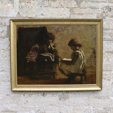 Load image into Gallery viewer, oil-on-canvas-welsh-female-artist-mia-arnesby-brown-nee-edwards-painting-girl-reading-stool-settle-technically-wonderful-use-of-light-exceptionally-excellent-dimly-lit-rustic-interior-light-source-book-pages-folds-in-dress-illuminated-contrast-shadows-atmospheric-beautiful-gentle-scene-professionally-cleaned-art-conservator-children-exhibited-royal-academy-of-arts-london-mary-reading-garden-boy-national-museum-wales-norfolk-museums-service-leamington-spa-art-gallery-for-sale-damon-blandford-antiques