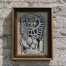 Load image into Gallery viewer, very-well-executed-painting-manner-of-pablo-picasso-same-mid-century-period-monochromatic-oil-on-board-bears-close-resemblance-L'Egyptienne-painting-lover-francoise-gilot-sitter-depicted-frontal-profile-positions-simultaneously-skilled-confident-hand-unsigned-mounted-good-quality-parcel-gilt-frame-circa-1950's-for-sale-wall-art-damon-blandford-antiques-vintage-fine-art-france-spanish-black-white