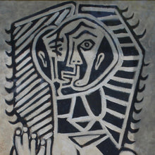 Load image into Gallery viewer, very-well-executed-painting-manner-of-pablo-picasso-same-mid-century-period-monochromatic-oil-on-board-bears-close-resemblance-L'Egyptienne-painting-lover-francoise-gilot-sitter-depicted-frontal-profile-positions-simultaneously-skilled-confident-hand-unsigned-mounted-good-quality-parcel-gilt-frame-circa-1950's-for-sale-wall-art-damon-blandford-antiques-vintage-fine-art-france-spanish-black-white-stroud-stow-on-the-wold-cotswolds