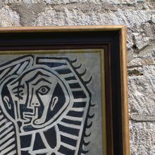 Load image into Gallery viewer, very-well-executed-painting-manner-of-pablo-picasso-same-mid-century-period-monochromatic-oil-on-board-bears-close-resemblance-L'Egyptienne-painting-lover-francoise-gilot-sitter-depicted-frontal-profile-positions-simultaneously-skilled-confident-hand-unsigned-mounted-good-quality-parcel-gilt-frame-circa-1950's-for-sale-wall-art-damon-blandford-antiques-vintage-fine-art-france-spanish-black-white