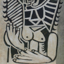 Load image into Gallery viewer, very-well-executed-painting-manner-of-pablo-picasso-same-mid-century-period-monochromatic-oil-on-board-bears-close-resemblance-L'Egyptienne-painting-lover-francoise-gilot-sitter-depicted-frontal-profile-positions-simultaneously-skilled-confident-hand-unsigned-mounted-good-quality-parcel-gilt-frame-circa-1950's-for-sale-wall-art-damon-blandford-antiques-vintage-fine-art-france-spanish-black-white