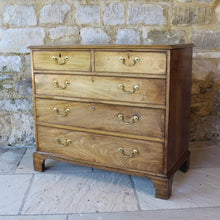 Load image into Gallery viewer, really-attractive-late-18th-century-sun-bleached-mahogany-chest-drawers-top-moulded-edge-two-short-three-long-graduated-drawers-pine-linings-cock-beading-original-brass-swan-neck-handles-bracket-feet-wonderful-straw-colour-fabulous-patina-patination-aesthetically-beautiful-furniture-light-colour-storage-space-decorative-appeal-english-circa-1790-for-sale-damon-blandford-antiques-stow-on-the-wold-cotswolds-stroud-gloucestershire-interior-design