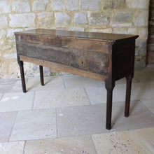 Load image into Gallery viewer, really-good-colour-provincial-cherrywood-serving-console-sofa-table-george-II-III-georgian-two-plank-top-applied-mouldings-three-drawers-rebated-butt-joint-construction-carved-cock-beading-pierced-brass handles-escutcheons-apron-panels-circular-tapered-legs-incredibly-attractive-table-fabulous-patination-good-usable-condition-time-worn-appearance-tremendous-aesthetic-appeal-small-proportions-northern-england-circa-1760-for-sale-damon-blandford-antiques-stow-on-the-wold-cotswolds-decorative-interiors-design