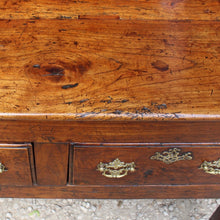 Load image into Gallery viewer, really-good-colour-provincial-cherrywood-serving-console-sofa-table-george-II-III-georgian-two-plank-top-applied-mouldings-three-drawers-rebated-butt-joint-construction-carved-cock-beading-pierced-brass handles-escutcheons-apron-panels-circular-tapered-legs-incredibly-attractive-table-fabulous-patination-good-usable-condition-time-worn-appearance-tremendous-aesthetic-appeal-small-proportions-northern-england-circa-1760-for-sale-damon-blandford-antiques-stow-on-the-wold-cotswolds-decorative-interiors-design