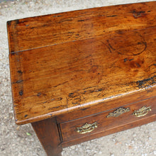 Load image into Gallery viewer, really-good-colour-provincial-cherrywood-serving-console-sofa-table-george-II-III-georgian-two-plank-top-applied-mouldings-three-drawers-rebated-butt-joint-construction-carved-cock-beading-pierced-brass handles-escutcheons-apron-panels-circular-tapered-legs-incredibly-attractive-table-fabulous-patination-good-usable-condition-time-worn-appearance-tremendous-aesthetic-appeal-small-proportions-northern-england-circa-1760-for-sale-damon-blandford-antiques-stow-on-the-wold-cotswolds-decorative-interiors-design