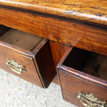 Load image into Gallery viewer, really-good-colour-provincial-cherrywood-serving-console-sofa-table-george-II-III-georgian-two-plank-top-applied-mouldings-three-drawers-rebated-butt-joint-construction-carved-cock-beading-pierced-brass handles-escutcheons-apron-panels-circular-tapered-legs-incredibly-attractive-table-fabulous-patination-good-usable-condition-time-worn-appearance-tremendous-aesthetic-appeal-small-proportions-northern-england-circa-1760-for-sale-damon-blandford-antiques-stow-on-the-wold-cotswolds-decorative-interiors-design