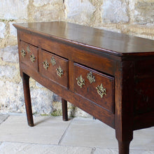 Load image into Gallery viewer, really-good-colour-provincial-cherrywood-serving-console-sofa-table-george-II-III-georgian-two-plank-top-applied-mouldings-three-drawers-rebated-butt-joint-construction-carved-cock-beading-pierced-brass handles-escutcheons-apron-panels-circular-tapered-legs-incredibly-attractive-table-fabulous-patination-good-usable-condition-time-worn-appearance-tremendous-aesthetic-appeal-small-proportions-northern-england-circa-1760-for-sale-damon-blandford-antiques-stow-on-the-wold-cotswolds-decorative-interiors-design