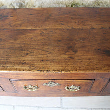 Load image into Gallery viewer, really-good-colour-provincial-cherrywood-serving-console-sofa-table-george-II-III-georgian-two-plank-top-applied-mouldings-three-drawers-rebated-butt-joint-construction-carved-cock-beading-pierced-brass handles-escutcheons-apron-panels-circular-tapered-legs-incredibly-attractive-table-fabulous-patination-good-usable-condition-time-worn-appearance-tremendous-aesthetic-appeal-small-proportions-northern-england-circa-1760-for-sale-damon-blandford-antiques-stow-on-the-wold-cotswolds-decorative-interiors-design