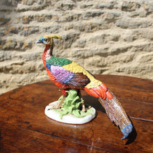 Load image into Gallery viewer, superb-porcelain-pheasant-1:2-scale-modelled-on-mature-golden-pheasant-alert-upright-natural-pose-beautifully-painted-porcelain-mottled-tail-feathers-particularly-well-painted-marked-to-underside-base-letter-M-possibly-KPM Berlin-germany-for-sale-damon-blandford-antiques-stroud-stow-on-the-wold-cotswolds-interior-decoration-ceramic-pottery