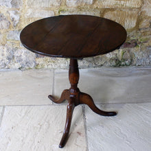 Load image into Gallery viewer, good-colour-18th-century-George-III -tripod-table-constructed-oak-circular-three-plank-top-bird-cage-mechanism-rotate-tilt-vertical-position-storage-baluster-shaped-column-cabriole-legs-strengthened-original-wrought-iron bracket-underside-really-attractive-well-proportioned-provincial-tripod-table-very-stable-fully-functional-english-circa-1780-for-sale-damon-blandford-antiques-stow-on-the-wold-cotswolds-early-oak-furniture-interion-design-home-wine-occasional