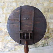 Load image into Gallery viewer, good-colour-18th-century-George-III -tripod-table-constructed-oak-circular-three-plank-top-bird-cage-mechanism-rotate-tilt-vertical-position-storage-baluster-shaped-column-cabriole-legs-strengthened-original-wrought-iron bracket-underside-really-attractive-well-proportioned-provincial-tripod-table-very-stable-fully-functional-english-circa-1780-for-sale-damon-blandford-antiques-stow-on-the-wold-cotswolds-early-oak-furniture-interion-design-home-wine-occasional