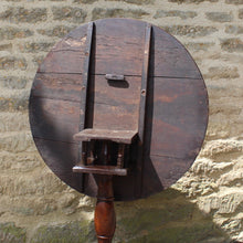 Load image into Gallery viewer, good-colour-18th-century-George-III -tripod-table-constructed-oak-circular-three-plank-top-bird-cage-mechanism-rotate-tilt-vertical-position-storage-baluster-shaped-column-cabriole-legs-strengthened-original-wrought-iron bracket-underside-really-attractive-well-proportioned-provincial-tripod-table-very-stable-fully-functional-english-circa-1780-for-sale-damon-blandford-antiques-stow-on-the-wold-cotswolds-early-oak-furniture-interion-design-home-wine-occasional