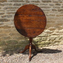 Load image into Gallery viewer, good-colour-18th-century-George-III -tripod-table-constructed-oak-circular-three-plank-top-bird-cage-mechanism-rotate-tilt-vertical-position-storage-baluster-shaped-column-cabriole-legs-strengthened-original-wrought-iron bracket-underside-really-attractive-well-proportioned-provincial-tripod-table-very-stable-fully-functional-english-circa-1780-for-sale-damon-blandford-antiques-stow-on-the-wold-cotswolds-early-oak-furniture-interion-design-home-wine-occasional