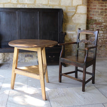 Load image into Gallery viewer, good-19th-century-welsh-pine-cricket-table-pegged-joints-pitch-pine-top-under-tier-nicely-proportioned-excellent-solid condition-aesthetic-appeal-two-plank-top-constructed-nicely-figured-timber-for-sale-damon-blandford-antiques-stroud-stow-on-the-wold-cotswolds-regional-furniture-country-settle-elm-chair