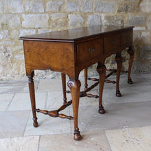 Load image into Gallery viewer, very-fine-quality-queen-anne-revival-serving-console-table-by-hamptons-pall-mall-london-beautifully-figured-pollard-oak-top-with-moulded-edge-drawers-brass-drop-handles-shaped-frieze-particularly-attractive-eight-crisply-carved-cabriole-legs-hoof-feet-united-by-turned-stretches-stylish-london-cabinet-makers-excellent-condition-wonderful-colour-console-sofa-table-tremendous-traditional-contemporary-settings-english-circa-1900-for-sale-damon-blandford-antiques-stow-on-the-wold-furniature-interior