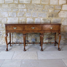 Load image into Gallery viewer, very-fine-quality-queen-anne-revival-serving-console-table-by-hamptons-pall-mall-london-beautifully-figured-pollard-oak-top-with-moulded-edge-drawers-brass-drop-handles-shaped-frieze-particularly-attractive-eight-crisply-carved-cabriole-legs-hoof-feet-united-by-turned-stretches-stylish-london-cabinet-makers-excellent-condition-wonderful-colour-console-sofa-table-tremendous-traditional-contemporary-settings-english-circa-1900-for-sale-damon-blandford-antiques-stow-on-the-wold-furniature-interior