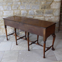 Load image into Gallery viewer, very-fine-quality-queen-anne-revival-serving-console-table-by-hamptons-pall-mall-london-beautifully-figured-pollard-oak-top-with-moulded-edge-drawers-brass-drop-handles-shaped-frieze-particularly-attractive-eight-crisply-carved-cabriole-legs-hoof-feet-united-by-turned-stretches-stylish-london-cabinet-makers-excellent-condition-wonderful-colour-console-sofa-table-tremendous-traditional-contemporary-settings-english-circa-1900-for-sale-damon-blandford-antiques-stow-on-the-wold-furniature-interior