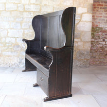 Load image into Gallery viewer, painted-pine-and-elm-settle-three-panels-along-back-framed-by-moulded-stiles-winged-ends-bench-seat-single-drawer-swan-neck-handle-useful-storage space-shaped-winged-ends-concave-arms-particularly-attractive-vernacular-furniture-original-black-brown-painted-finish-fabulous-contrasting-golden-honey-colour-settle-excellent-condition-regional-furniture-hallway-boot-room-kitchen-english-early-1800's-for-sale-damon-blandford-antiques-stroud-stow-on-the-wold-cotswolds-country-interior-home-design