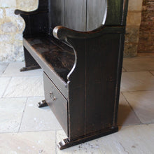 Load image into Gallery viewer, painted-pine-and-elm-settle-three-panels-along-back-framed-by-moulded-stiles-winged-ends-bench-seat-single-drawer-swan-neck-handle-useful-storage space-shaped-winged-ends-concave-arms-particularly-attractive-vernacular-furniture-original-black-brown-painted-finish-fabulous-contrasting-golden-honey-colour-settle-excellent-condition-regional-furniture-hallway-boot-room-kitchen-english-early-1800's-for-sale-damon-blandford-antiques-stroud-stow-on-the-wold-cotswolds-country-interior-home-design