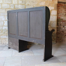Load image into Gallery viewer, painted-pine-and-elm-settle-three-panels-along-back-framed-by-moulded-stiles-winged-ends-bench-seat-single-drawer-swan-neck-handle-useful-storage space-shaped-winged-ends-concave-arms-particularly-attractive-vernacular-furniture-original-black-brown-painted-finish-fabulous-contrasting-golden-honey-colour-settle-excellent-condition-regional-furniture-hallway-boot-room-kitchen-english-early-1800's-for-sale-damon-blandford-antiques-stroud-stow-on-the-wold-cotswolds-country-interior-home-design