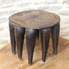 Load image into Gallery viewer, good-late-c19th-early-c20th-tribal-nupe-stool-elephant-table-carved-single-piece-hardwood-top-decorated-geometric-design-ten-shaped-legs-traditionally-made-nupe-people-central-nigeria-gift-grooms-to-brides-highly-decorative-tribal-art-for-sale-side-table-private-collection-damon-blandford-antiques-stow-on-the-wold-cotswolds-interiors