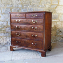 Load image into Gallery viewer, good-quality-C18th-century-mahogany-chest-two-short-over-four-long-graduated-drawers-canted-corners-bracket-feet-lined-in-oak-cock-beading-brass-swan-neck-handles-moulded-top-well-figured-cuts-mahogany-excellent-colour-condition-heavy-large-storage-space-excellent-condition-for-sale-damon-blandford-antiques-country-elegant-stroud-stow-on-the-wold-cotswolds-furniture