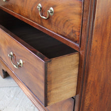 Load image into Gallery viewer, good-quality-C18th-century-mahogany-chest-two-short-over-four-long-graduated-drawers-canted-corners-bracket-feet-lined-in-oak-cock-beading-brass-swan-neck-handles-moulded-top-well-figured-cuts-mahogany-excellent-colour-condition-heavy-large-storage-space-excellent-condition-for-sale-damon-blandford-antiques-country-elegant-stroud-stow-on-the-wold-cotswolds-furniture