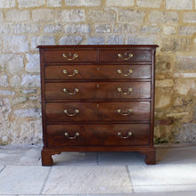 Load image into Gallery viewer, good-quality-C18th-century-mahogany-chest-two-short-over-four-long-graduated-drawers-canted-corners-bracket-feet-lined-in-oak-cock-beading-brass-swan-neck-handles-moulded-top-well-figured-cuts-mahogany-excellent-colour-condition-heavy-large-storage-space-excellent-condition-for-sale-damon-blandford-antiques-country-elegant-stroud-stow-on-the-wold-cotswolds-furniture