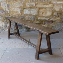 Load image into Gallery viewer, good-C18th-joined-oak-bench-splayed-legs-rectangular-form-united-by-H-shape-stretcher-pegged-mortise-tenon-joints-excellent-solid-condition-light-golden-colour-kitchen-entrance-hallway-boot-room-contemporary-period-interior-for-sale-seating-damon-blandford-antiques-stroud-stow-on-the-wold-cotswold-interior-design