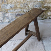 Load image into Gallery viewer, good-C18th-joined-oak-bench-splayed-legs-rectangular-form-united-by-H-shape-stretcher-pegged-mortise-tenon-joints-excellent-solid-condition-light-golden-colour-kitchen-entrance-hallway-boot-room-contemporary-period-interior-for-sale-seating-damon-blandford-antiques-stroud-stow-on-the-wold-cotswold-interior-design