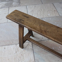 Load image into Gallery viewer, good-C18th-joined-oak-bench-splayed-legs-rectangular-form-united-by-H-shape-stretcher-pegged-mortise-tenon-joints-excellent-solid-condition-light-golden-colour-kitchen-entrance-hallway-boot-room-contemporary-period-interior-for-sale-seating-damon-blandford-antiques-stroud-stow-on-the-wold-cotswold-interior-design