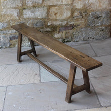 Load image into Gallery viewer, good-C18th-joined-oak-bench-splayed-legs-rectangular-form-united-by-H-shape-stretcher-pegged-mortise-tenon-joints-excellent-solid-condition-light-golden-colour-kitchen-entrance-hallway-boot-room-contemporary-period-interior-for-sale-seating-damon-blandford-antiques-stroud-stow-on-the-wold-cotswold-interior-design