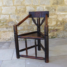 Load image into Gallery viewer, superb-copy-of-the-old-saxon-chair-lord-leycester's-hospital-warwick-engraved-brass-plate-commemoration-warwick-pageant-1906-victorian-chair-maker-john-starkey-excelleot-condition-warwick-carvers-for-sale-damon-blandford-antiques-stroud-stow-on-the-wold