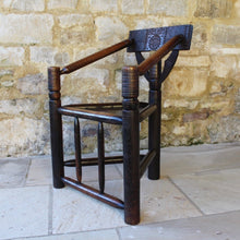 Load image into Gallery viewer, superb-copy-of-the-old-saxon-chair-lord-leycester's-hospital-warwick-engraved-brass-plate-commemoration-warwick-pageant-1906-victorian-chair-maker-john-starkey-excelleot-condition-warwick-carvers-for-sale-damon-blandford-antiques-stroud-stow-on-the-wold