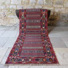 Load image into Gallery viewer, very-finely-woven-sumac-runner-hand-made-in-Iran-sumac-rugs-loom-kilims-weaving-technique-smooth-face-pair-of-kilims-sourced-together-look-feel-completely-unused-special-family-occasions-dowry-piece-wedding gifts-predominantly-red-green-pink-gold-blue-motifs-Iran-circa-1940's-1950's-for-sale-damon-blandford-antiques-phil-taylors-cool-stuff-stroud-gloucestershire-cotswolds