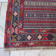 Load image into Gallery viewer, very-finely-woven-sumac-runner-hand-made-in-Iran-sumac-rugs-loom-kilims-weaving-technique-smooth-face-pair-of-kilims-sourced-together-look-feel-completely-unused-special-family-occasions-dowry-piece-wedding gifts-predominantly-red-green-pink-gold-blue-motifs-Iran-circa-1940's-1950's-for-sale-damon-blandford-antiques-phil-taylors-cool-stuff-stroud-gloucestershire-cotswolds