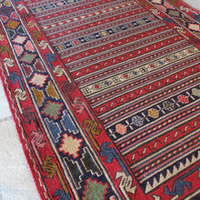 Load image into Gallery viewer, very-finely-woven-sumac-runner-hand-made-in-Iran-sumac-rugs-loom-kilims-weaving-technique-smooth-face-pair-of-kilims-sourced-together-look-feel-completely-unused-special-family-occasions-dowry-piece-wedding gifts-predominantly-red-green-pink-gold-blue-motifs-Iran-circa-1940's-1950's-for-sale-damon-blandford-antiques-phil-taylors-cool-stuff-stroud-gloucestershire-cotswolds
