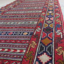 Load image into Gallery viewer, very-finely-woven-sumac-runner-hand-made-in-Iran-sumac-rugs-loom-kilims-weaving-technique-smooth-face-pair-of-kilims-sourced-together-look-feel-completely-unused-special-family-occasions-dowry-piece-wedding gifts-predominantly-red-green-pink-gold-blue-motifs-Iran-circa-1940's-1950's-for-sale-damon-blandford-antiques-phil-taylors-cool-stuff-stroud-gloucestershire-cotswolds