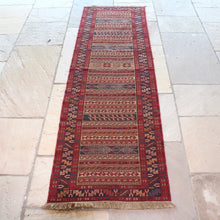 Load image into Gallery viewer, very-finely-woven-sumac-runner-hand-made-in-Iran-sumac-rugs-loom-kilims-weaving-technique-smooth-face-pair-of-kilims-sourced-together-look-feel-completely-unused-special-family-occasions-dowry-piece-wedding gifts-predominantly-red-green-pink-gold-blue-motifs-Iran-circa-1940's-1950's-for-sale-damon-blandford-antiques-phil-taylors-cool-stuff-stroud-gloucestershire-cotswolds
