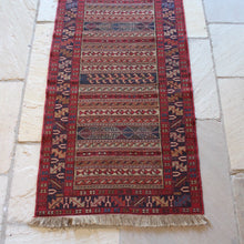 Load image into Gallery viewer, very-finely-woven-sumac-runner-hand-made-in-Iran-sumac-rugs-loom-kilims-weaving-technique-smooth-face-pair-of-kilims-sourced-together-look-feel-completely-unused-special-family-occasions-dowry-piece-wedding gifts-predominantly-red-green-pink-gold-blue-motifs-Iran-circa-1940's-1950's-for-sale-damon-blandford-antiques-phil-taylors-cool-stuff-stroud-gloucestershire-cotswolds