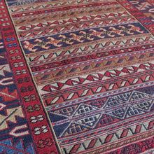 Load image into Gallery viewer, very-finely-woven-sumac-runner-hand-made-in-Iran-sumac-rugs-loom-kilims-weaving-technique-smooth-face-pair-of-kilims-sourced-together-look-feel-completely-unused-special-family-occasions-dowry-piece-wedding gifts-predominantly-red-green-pink-gold-blue-motifs-Iran-circa-1940's-1950's-for-sale-damon-blandford-antiques-phil-taylors-cool-stuff-stroud-gloucestershire-cotswolds
