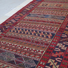 Load image into Gallery viewer, very-finely-woven-sumac-runner-hand-made-in-Iran-sumac-rugs-loom-kilims-weaving-technique-smooth-face-pair-of-kilims-sourced-together-look-feel-completely-unused-special-family-occasions-dowry-piece-wedding gifts-predominantly-red-green-pink-gold-blue-motifs-Iran-circa-1940's-1950's-for-sale-damon-blandford-antiques-phil-taylors-cool-stuff-stroud-gloucestershire-cotswolds